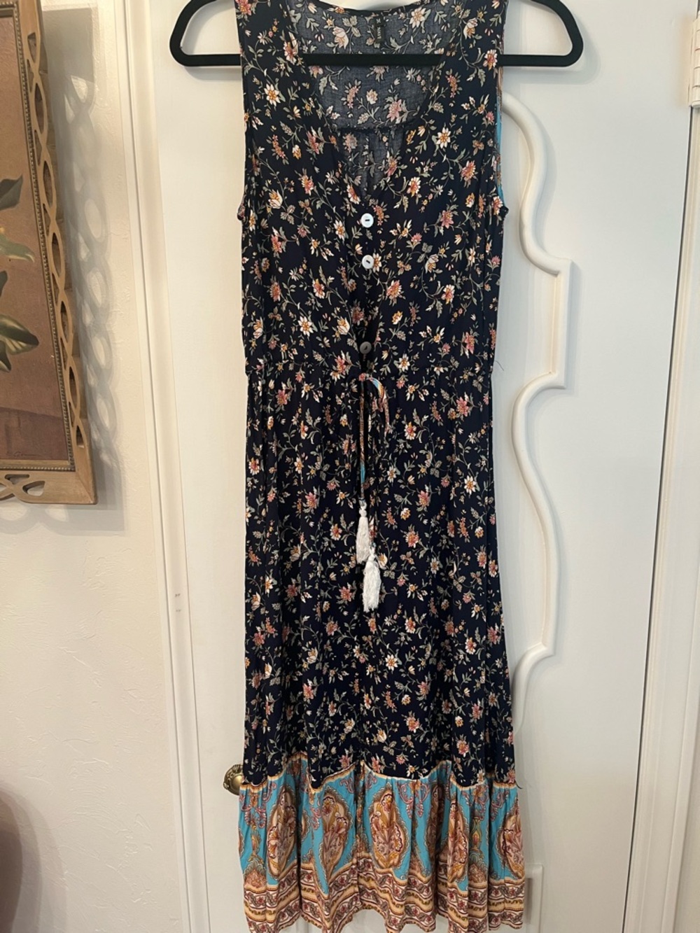 Floral Sleeveless Midi Dress with Tassel Tie - Black Floral